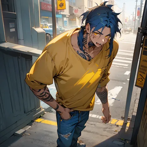 1male, adult, tan skin, finely detailed yellow eyes (messy medium hair), rat tail ponytail, midnight blue color hair, flannel shirt, baggy jeans, excited expression, (perfect generation), standing on street, detailed background, neck tattoo