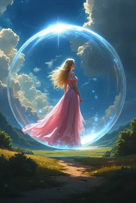 Glinda from the wizard of oz movie standing in side her flying round bubble that ((completely surrounds her whole body head to toe)), in the air floating