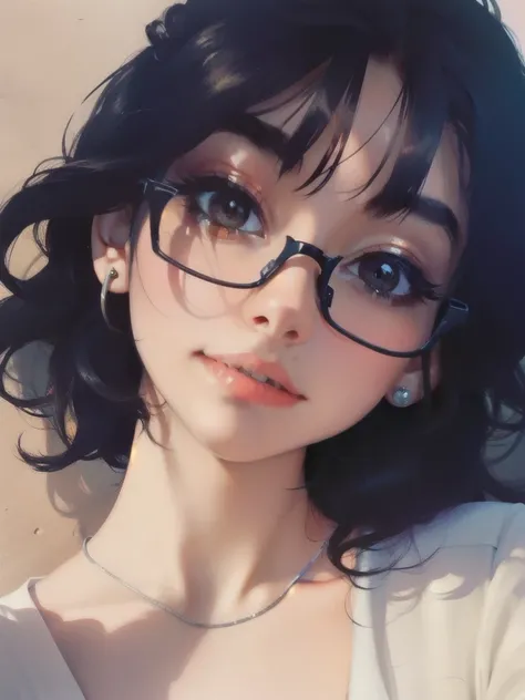 Black hair, glasses, stud earrings, vintage, feminine, 8k, masterpiece, best quality, excellent detail) , (high saturation, best shadows, best light, extremely delicate bleaching) dark style