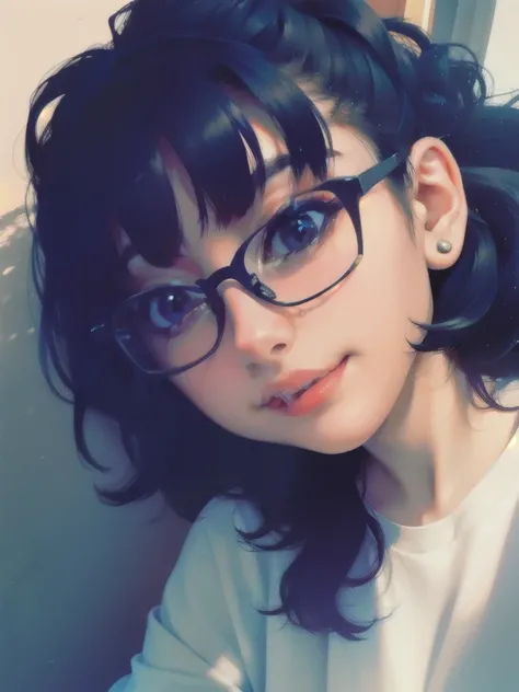 Black hair, glasses, stud earrings, vintage, feminine, 8k, masterpiece, best quality, excellent detail) , (high saturation, best shadows, best light, extremely delicate bleaching) dark style