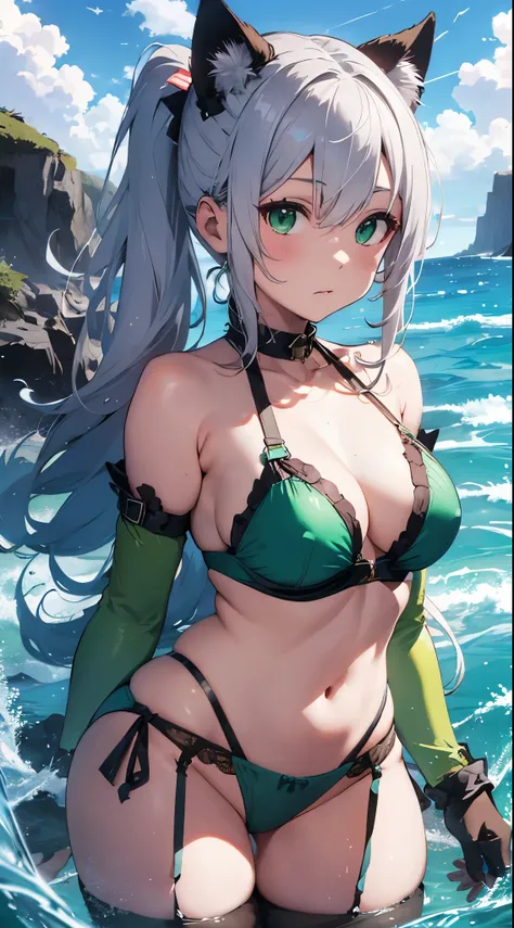  Movie Angles ,  depth of field, ( viewing 　 viewer), (Right front : 1), ( standing picture : 1), Cat ear girl, (Alone), Silver Hair,( white skin:1), ( Curvy :1.2), ( wide hips:1.1),  girl with cat ears, ( beautiful beach background  ), (Ocean Background: ...