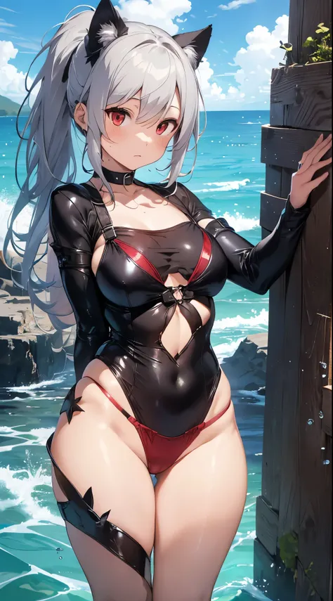  Movie Angles ,  depth of field, ( viewing 　 viewer), (Right front : 1), ( standing picture : 1), Cat ear girl, (Alone), Silver Hair,( white skin:1), ( Curvy :1.2), ( wide hips:1.1),  girl with cat ears, ( beautiful beach background  ), (Ocean Background: ...