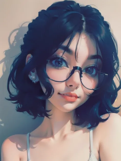 Black hair, glasses, stud earrings, vintage, feminine, 8k, masterpiece, best quality, excellent detail) , (high saturation, best shadows, best light, extremely delicate bleaching) dark style