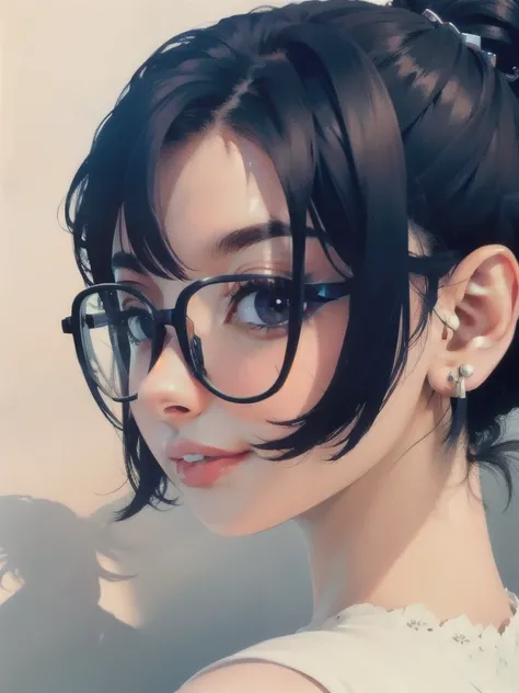 Black hair, glasses, stud earrings, vintage, feminine, 8k, masterpiece, best quality, excellent detail) , (high saturation, best shadows, best light, extremely delicate bleaching) dark style