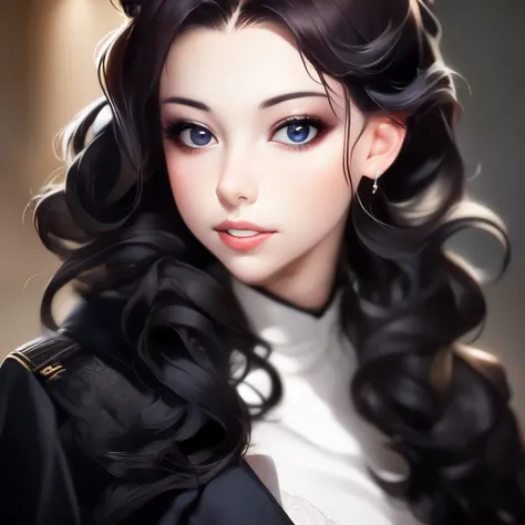 beautiful girl with realistic black eyes, pale skin, mid-length black hair, perfect face, perfect eyes, wearing coat, highly detailed, comprehensive cinematic, digital painting, 8k, cinematic lighting, best quality, highres, detailed work, post-processing,...