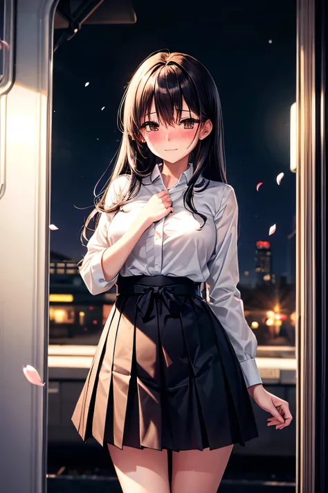 "long black hair,"A refined woman in a modern fusion outfit, a pleated hakama mini-skirt paired with a delicate blouse. Standing at a train station, she smiles gently, her dark eyes filled with a quiet longing, as cherry petals dance around her.",(brown ey...