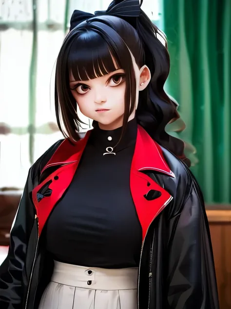 arafed woman with a red bow and a black jacket, curly bangs, curly bangs and ponytail, fluffy bangs, messy bangs, she looks like a mix of grimes, black hair and large eyes, ((red)) baggy eyes, 1 7 - year - old goth girl, she has black hair with bangs, curt...