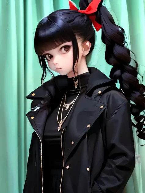 arafed woman with a red bow and a black jacket, curly bangs, curly bangs and ponytail, fluffy bangs, messy bangs, she looks like a mix of grimes, black hair and large eyes, ((red)) baggy eyes, 1 7 - year - old goth girl, she has black hair with bangs, curt...