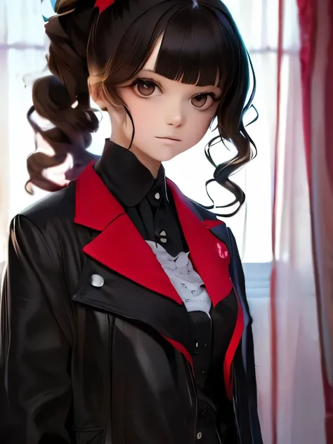 arafed woman with a red bow and a black jacket, curly bangs, curly bangs and ponytail, fluffy bangs, messy bangs, she looks like a mix of grimes, black hair and large eyes, ((red)) baggy eyes, 1 7 - year - old goth girl, she has black hair with bangs, curt...