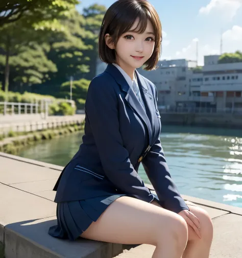       top quality 、、     Masterpiece    、   super high resolution 、Clear Photo、 RAW photos 、(    cute girl、   beautiful girl、    Cute Yuki Yoda  、  Cutest   、      very short hair 、      brown hair  )、 thin、smile、 (Seaside、 Fishing port:1.2、Sitting on a co...