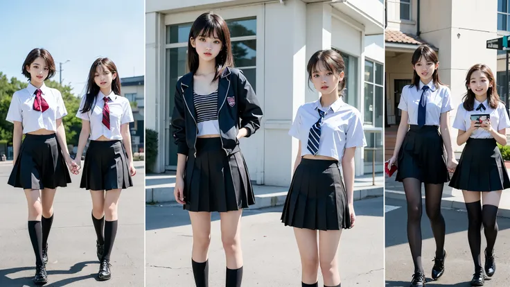 High detail, Textured skin, Very detailed, Ultra high definition, High-resolution model, Detailed face、bare navel,5 girls, Five high school girls, 5 high school girls、(((flat chest))), (flat chest:1.1)、 14years、a junior high school student、School Uniforms、...