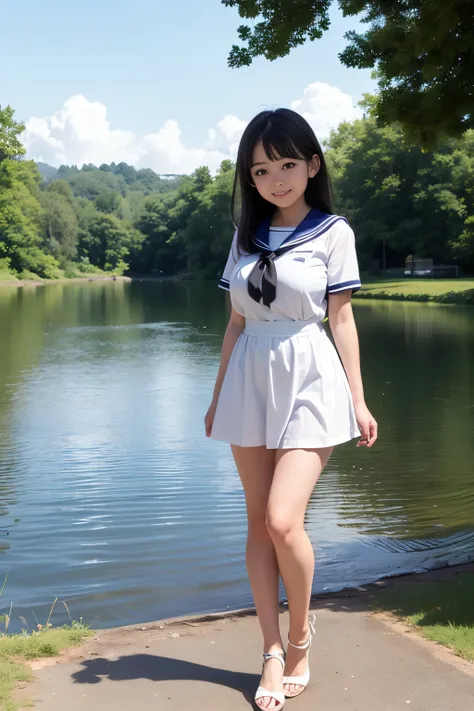 Perfect composition, Proper placement, Golden Ratio, masterpiece,  best quality,  high definition ,  one  Girl, Cute (Girl:(loli:1.5), full body focus, full body shot, view the viewer, smiling, standing,  Wearing a Japanese High School Sailor Suit:1.331, W...