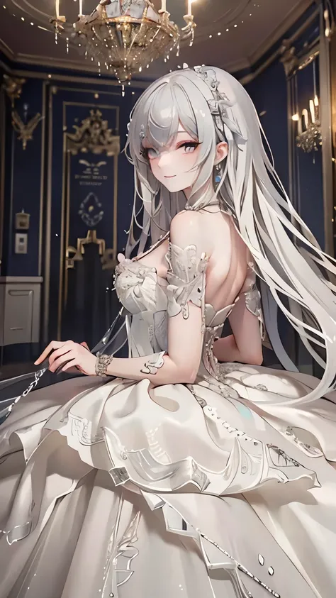 ( Masterpiece,  top quality,  beautiful and aesthetic:1.3),  upper body,  looked back ,  Watch Viewers ,  1 girl, Alone,   light smile,  very long hair, (Gray Hair:1.2), Ruani ,   jewelry,  necklace, white dress,  Cover ,   Shiny Skin,  beautiful face,  be...