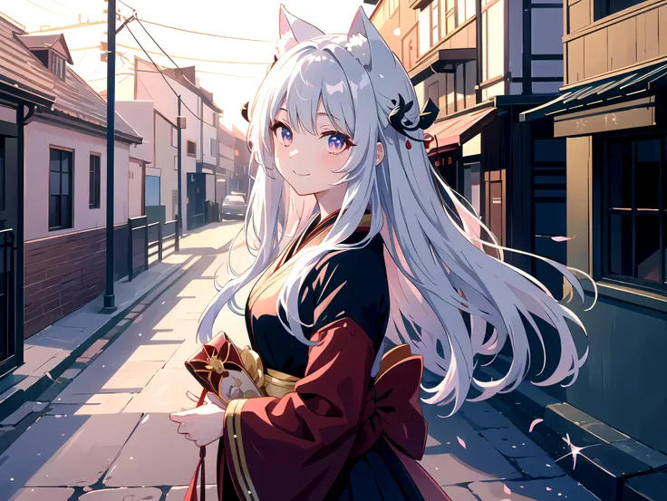 Japanese anime style. Standing on a street corner, she is a moe-cute cat-ear clad in red and black. She is handing out chocolates on Valentine's Day. The camera zooms in on her synchronized movements, showing the intricate details of her costume. Her beaut...