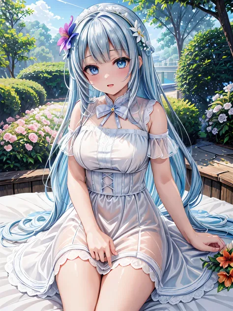 ( Masterpiece, top quality:1.6), white lace dress , cowboy shot, thighs, beautiful girl, (flower, 小さな白いflowerびらがたくさん:1.3), garden, blue sky, Watch Viewers , constricted, Official Art, RAW Photo , Extremely Absurd , face light in a tropical car, ...