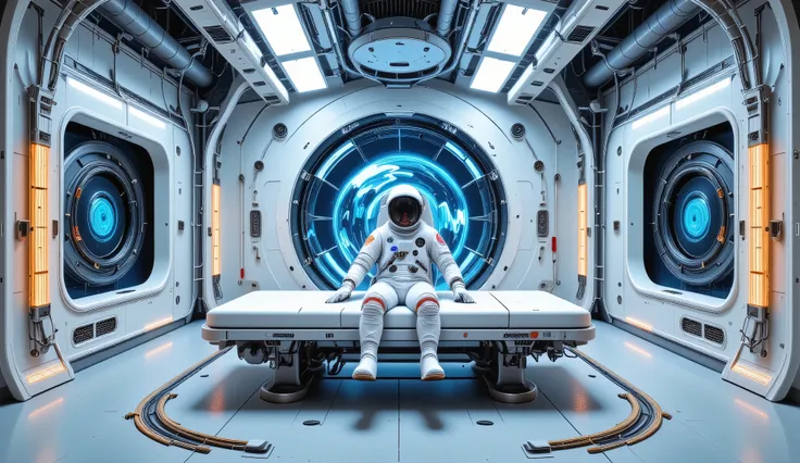 Future Technology Lab,There is a test bed in the middle of the lab,There is a man lying on the test bed ,Wearing a space suit,Space suit helmet pipe connection test bed side sci-fi,Data upload ,reality,Ultimate image quality,Movie Feel, 8K ultra-high resol...