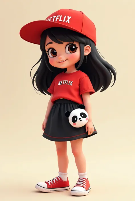  a girl dressed in a red t-shirt and a hat that represents the Netflix brand. And that she has a black skirt with a panda adornment on one side. image in 2d and png. 