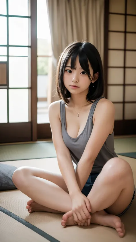 15-year-old girl,   shoulder-length black hair  , ( thin eyebrows),  Oversized Grey Tank Top,  grey t-shirt ,   denim shorts ,  barefoot, ( big breasts), (( while inside)),  symmetrical eyes,  Sitting,  wariza,   full body shot  , Japanese-style room, scen...