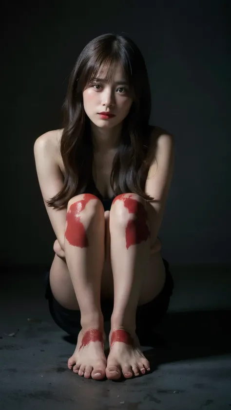 A beautiful woman with red and black handprints on her legs, showing signs of a violent encounter. Her eyes are wide with fear, and she is looking down at the marks, her body tense as she tries to comprehend what happened. The dim lighting creates long, ee...