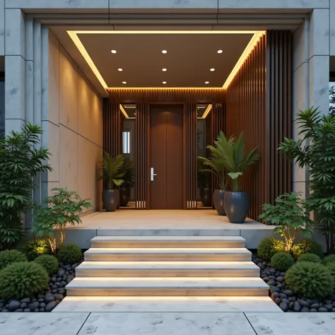 Modern flat floor entrance、 simple style、Positive effects、Entrance door design、One side of the balcony、Katakin bright light micrograin slab for wall、The entrance ceiling tile light with bright light、, don't use greenery on both sides of the door、Large glas...