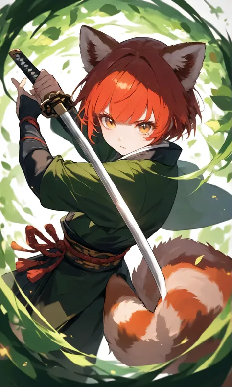  anime girl with red hair and a sword in a green circle, red panda and bush holding a naginata , Kimetsu no Yaiba Rui fan art, The fox and the bush,  Ayaka from Genshin Impact ,  Ayaka from Genshin Impact ゲーム,  Demon Slayer style art style,  orange haired ...