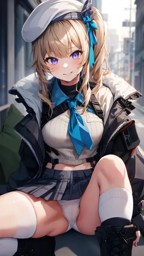 1girl,solo,vepley (girls' frontline 2),blonde hair,hat,smile,boots,striped shirt,white socks,one side ponytail,looking at viewer,black footwear,white headwear,grey jacket,beret,pleated skirt,blue eyes,neckerchief,plaid skirt,fingerless gloves,long sleeves,...