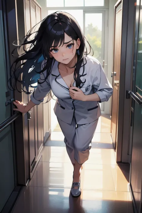 (best quality,4k,high resolution,masterpiece:1.2),A 14-year-old girl is walking in a hospital corridor, holding a handrail of the corridor, looking down,  a photorealistic cute girl with long black hair, wearing white pajamas, Europian face, noble face, a ...