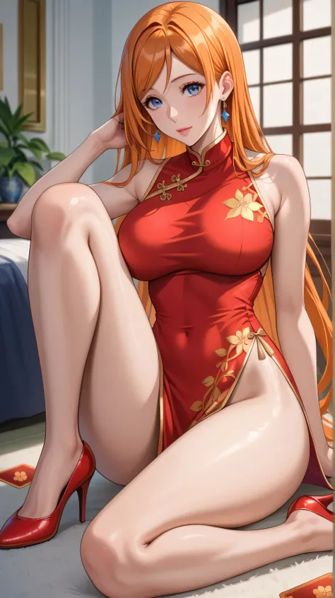 Inoue Orihime，  Perfect Fit ，Red sexy cheongsam，cheongsam skirt ，High slit，Super short cheongsam，  masterpiece， beautiful legs ， red heels，  Sexy figure ，  charming pose ，Orange hair  ，  long hair，blue hair card  ，  Revealing clothes，  Open Your Legs ，  si...