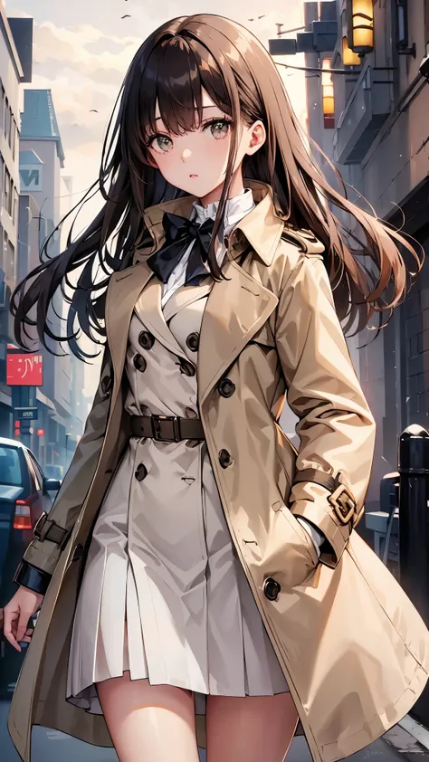 (Trench coat), outerwear, spring coat, long sleeves, long coat, long length, off-white color Wearing a knitted sweater as an inner layer, brown hair, hair behind ear, ribbon, sparkle, ((masterpiece)), UHD, (textured skin), accurate, ((super detail)), high ...