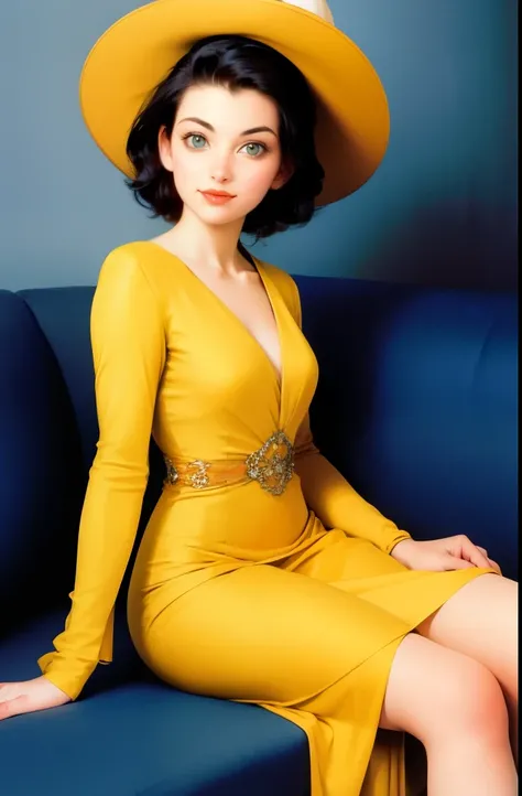 arafed woman in a yellow dress and hat sitting on a couch, a portrait inspired by Evaline Ness, flickr, art nouveau, dressed like in the 1940s, ww2 era, 1940s, 1 9 4 0 s, like rolf armstrong style, 1 9 4 0's, 1930s