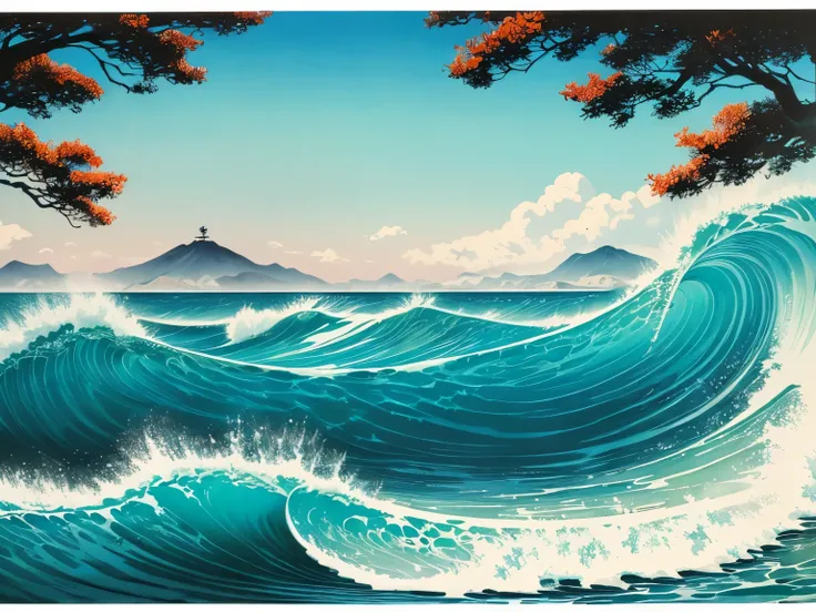 ((  top quality))、 Masterpiece、 Katsushika Kitasai 、 ink painting、 Scenery、sea、Wave、 illustrations