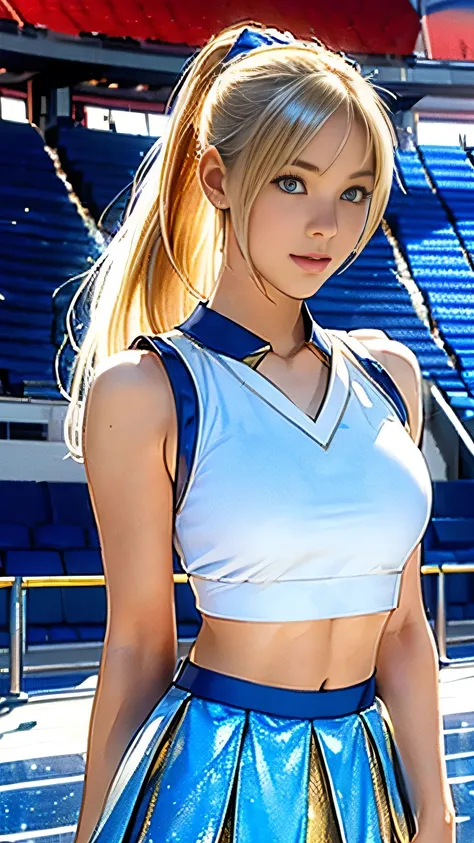 one girl, ((Highest quality)), ((masterpiece)), (detailed), ((very detailed face)), High resolution photograph, (realistic photo shoot:1.1), Dancing, small breasts, Thin legs, cheerleader uniform, skirt, (6 Pack Abs), She has a six pack belly, from before,...