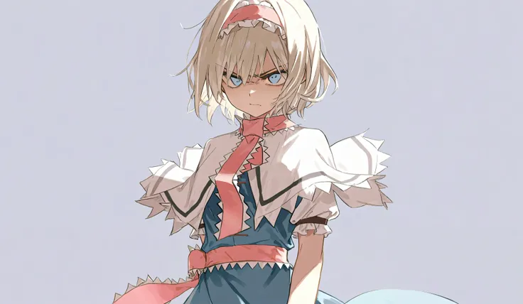 alice margatroid、 angry expression。Glaring in front of you 、 beautiful and delicate eyes， best quality，Superb product、 grey background。 viewed from a distance of a few meters。solo。Diagonal side view illustration。