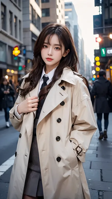 (Trench coat), outerwear, long coat, long length, off-white color Wearing a knitted sweater as an inner layer, brown hair, hair behind ear, ribbon, sparkle, ((masterpiece)), UHD, (textured skin), accurate, ((super detail)), high quality, ((best quality))