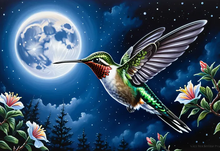 painting of a Hummingbird flying in the night sky with a full moon, a Detailed paintings  by Victor Noble Rainbird,   digital art by shutterstock contest winners, Metaphysical Painting, painting of a Hummingbird, Hummingbird, Hummingbirds, Amazing masterpi...