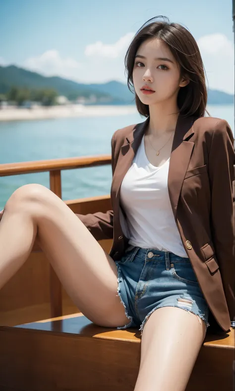 ( 1 girl), Aqua Eyes , Medium shot,   in the lyrics , Resort background , [ sexy], [[[ severed]]],  casual outfits, (blazer, shorts, good,  Fascinating:1.2),  medium length head,  brown hair,  alone, VERY DETAILED, (masterpiece,  top quality,  top quality,...