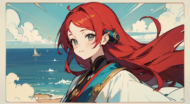  Masterpiece,  top quality,  top quality,  Masterpiece,  Hi-Res, concentrated,  anime style ,   woman from the top of a hill with a view of the ocean,  girl design,  portrait, Gisha,  Anime Illustration ,  long hair, Red Hair, Different Eyes, Hair over the...