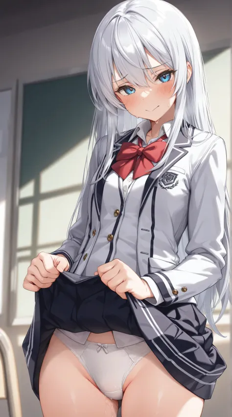 1 girl,cool face,disgusting face,blue eyes,long silver hair,school uniform,skirt lift,white panty, joy juice has gone out for the panty,( top quality,4K,8k, Hi-Res, Masterpiece:1.2), super detailed,Highly Detailed Face and Body,((anatomically accurate)),ma...