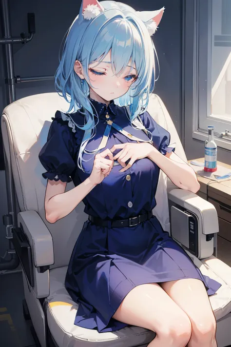 An ephemeral beautiful girl with light blue hair that stretches below her chest, blue eyes, dark blue dress, clean hospital room, sitting on a pipe chair, sleeping, her eyes closed, the background is a mess that doesn't make a mess, a pipe chair that doesn...