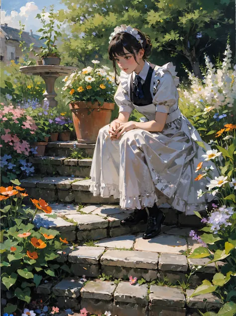 ( 1 girl:1.5),garden, many,impressionist,flower,garden,ãã©ã¹ ,Stone Steps,flowerpot,,Maid,[[doctor] cat's ear,up close,holding a flower basket, rich gradation ,Extreme colors, Extreme Details ,Perception of bright light ,  colorful,