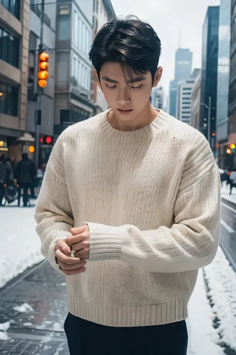  Japanese　 handsome　短い black hair 　　short cropped 　　　 black hair　　Slim figure　　Black or white thick sweater  　　　　　On a cold snowy day 　　 futuristic city skyscraper walkway　　　　 upper body lift composition where you join arms with the photographer　