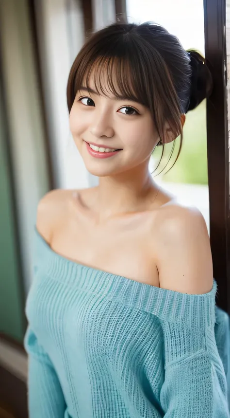 masterpiece,best quality,(Japanese girl),((Beautiful girl)),cleavage,(off shoulder:1.2),(perfect body beauty:1.2),(shy smile),From slightly above