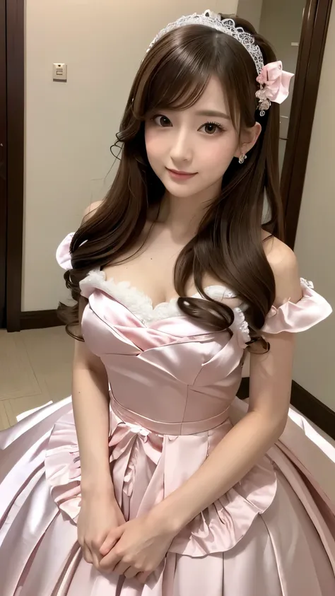 (((top quality))), (((masterpiece))), (((details))), tall, looking at camera, face-to-face, girly empire length wedding dress with shocking-pink shiny silk satin ruffle, hands thrust forward, Japanese, brown hair, long hair, gorgeous room,. Gorgeous ribbon...