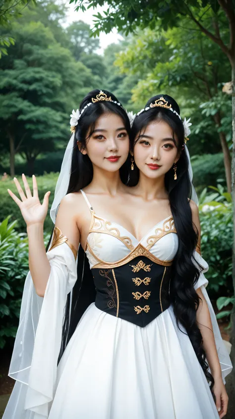 front top view , Filipina-Japanese, two heads sharing a body, they have very long hair one has white hair the other one has black hair, wearing long flowing white mythical dress from immortals with gold accents, dress with ribbons and shawls goddess like, ...