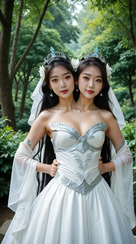 front top view , Filipina-Japanese, two heads sharing a body, they have very long hair, wearing long flowing white mythical dress from immortals, goddess like, realistic, looking at the viewer, myth like view background, see of trees, hands at the waist, m...