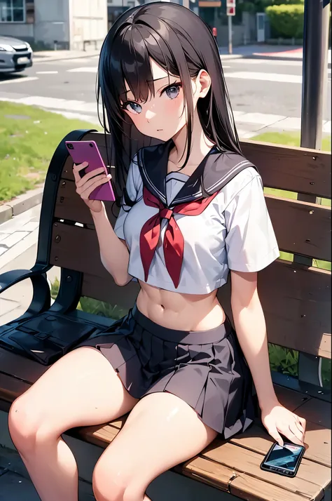 masterpiece, best quality, very detailed body, ultra detailed, very detailed face, (((anime))), ((1girl)), ((sit on the bench in the street, smart phone on the hand, looking away,  watching smartphone, cross legs)), ((school uniform, sailor uniform, cropto...