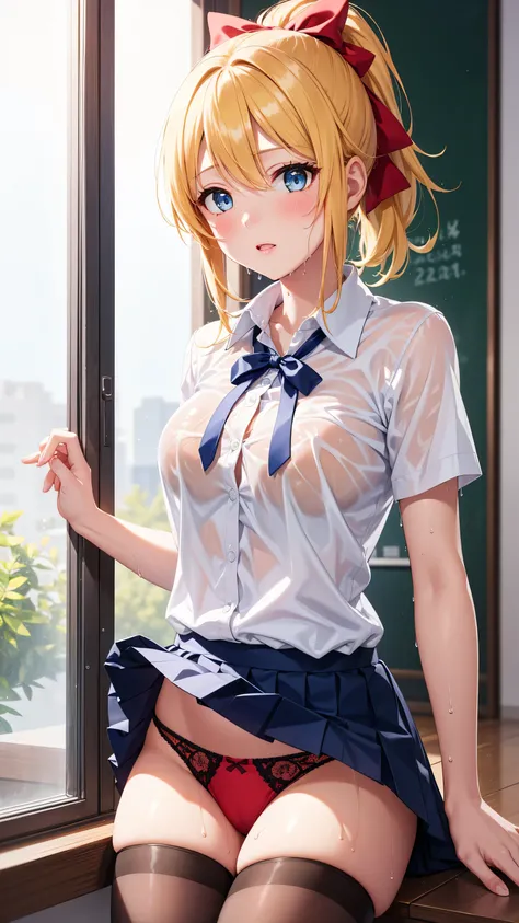  masterpieces,   Best Quality, highly detailed,  very high definition ,  Eliyase,  Catalyst ,  Yellow Hair,  blue eyes, , a ponytail hairstyle , Hair Ribbon, 1 girl,  alone, Glossy lips,  buttoned white shirt, Ribbon Student Collar , Short pleated skirt , ...