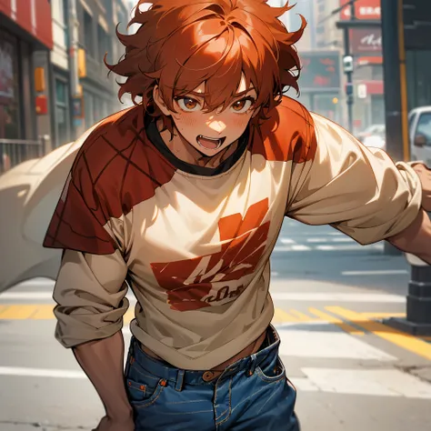 1male, adult, tan skin, finely detailed hazel eyes (messy medium hair), red color hair, bangs, flannel shirt, baggy jeans, excited expression, (perfect generation), standing on street, detailed background