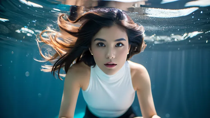 ((best quality, 8k, masterpiece:1.3)),sharp focus:1.2, 1girl , Beautiful lady with Perfect Figure, Vivid, white modern turtleneck,black hair,studio background,((detailed face)),under water,
