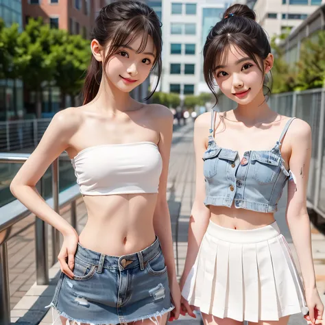 The two cute, beautiful girl idols are petite, slim, and have an excellent ponytail, white tube top and denim super tiny miniskirt, and they are taking a walk happily and smiling